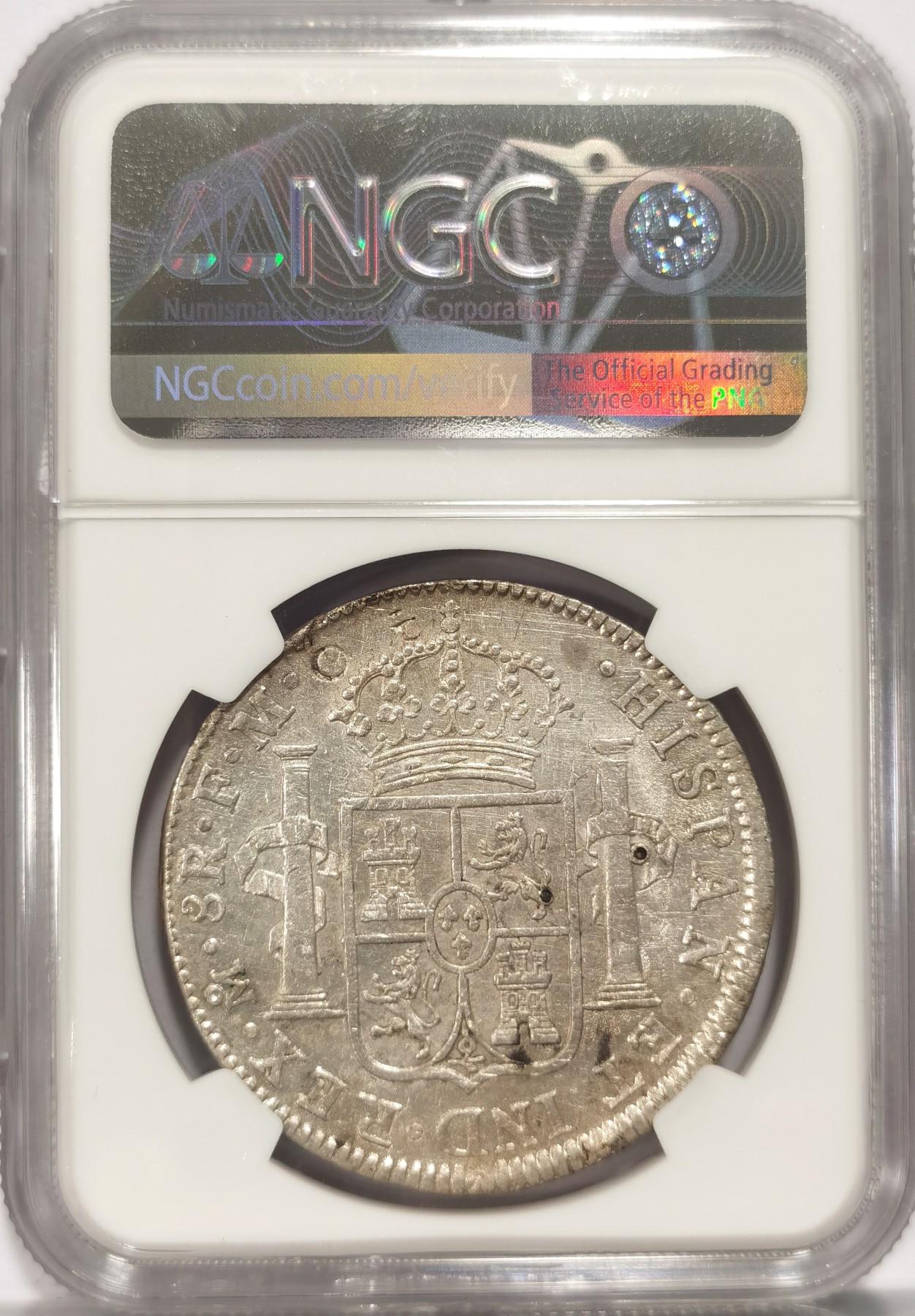 博洋堂世界钱币拍卖第047期（全场包邮） NGC AU 西属墨西哥1801/0年MO FM卡洛斯四世双柱银币，少见骑字版