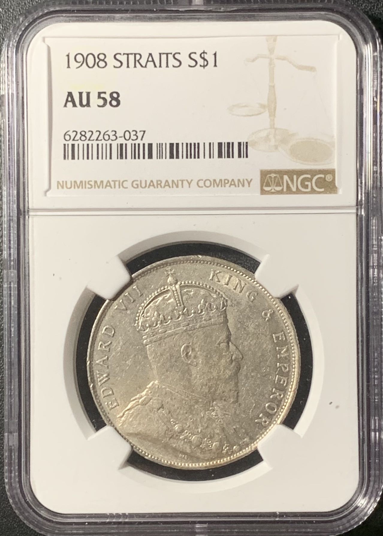 紫瑗钱币——第315期拍卖 海峡殖民地 1908年 乔治五世 壹圆 银币 NGC AU58