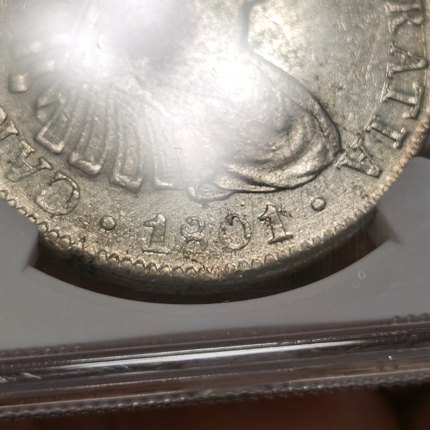 博洋堂世界钱币拍卖第047期（全场包邮） NGC AU 西属墨西哥1801/0年MO FM卡洛斯四世双柱银币，少见骑字版