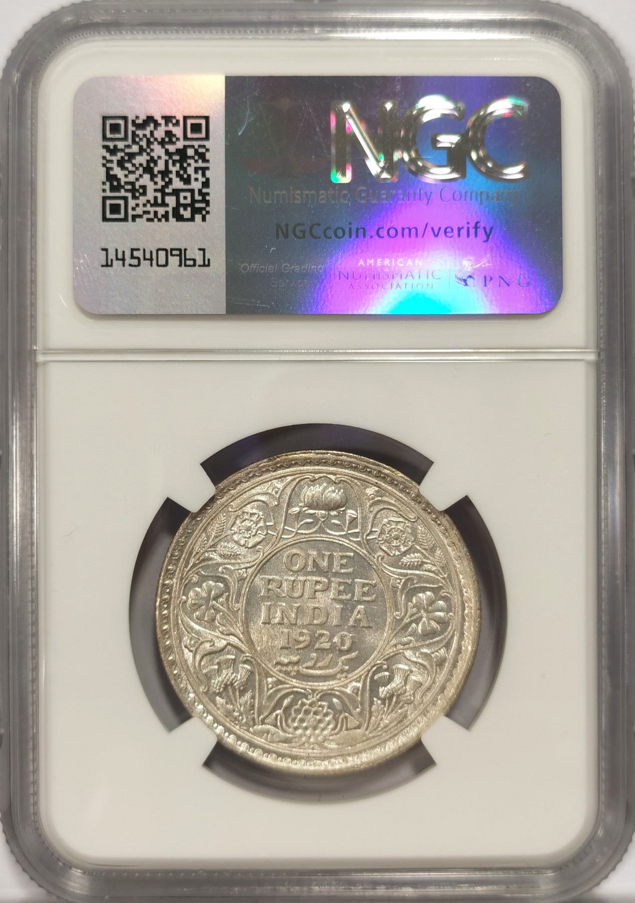 博洋堂世界钱币拍卖第047期（全场包邮） NGC MS62 英属印度1920年B版乔治五世1卢比银币