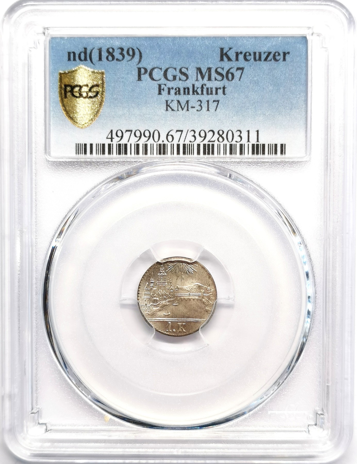 凡希社世界钱币微拍第二百五十期 1839法兰克福运河景观1K银辅币PCGS-MS67超高分！