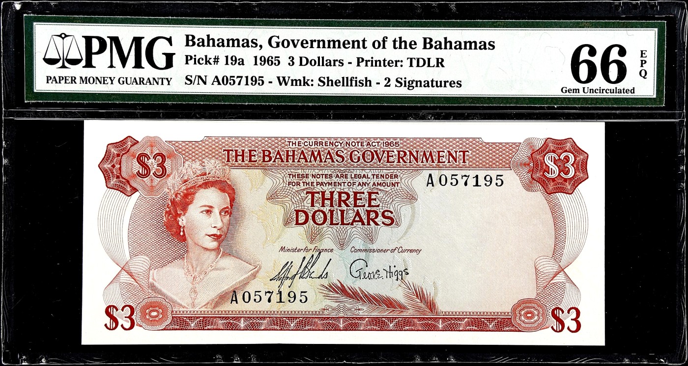 【Blue Auction】✨世界纸币精拍第380期【精】 【初版 A冠】巴哈马 彩背 1965年3元 PMG66EPQ  女王