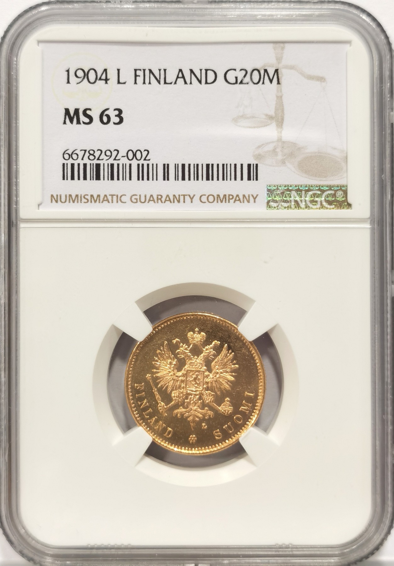 博洋堂世界钱币拍卖第047期（全场包邮） NGC MS63 俄属芬兰1904年L尼古拉二世双头鹰20马克金币，底板镜面效果，少见品种，铸量仅18.8万枚，9月底ha一枚62分成交近5000