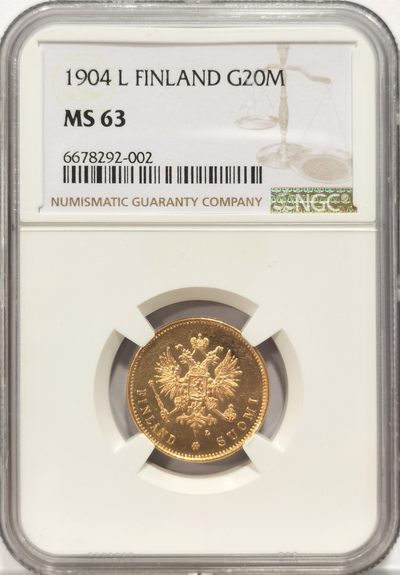 博洋堂世界钱币拍卖第047期（全场包邮） - NGC MS63 俄属芬兰1904年L尼古拉二世双头鹰20马克金币，底板镜面效果，少见品种，铸量仅18.8万枚，9月底ha一枚62分成交近5000