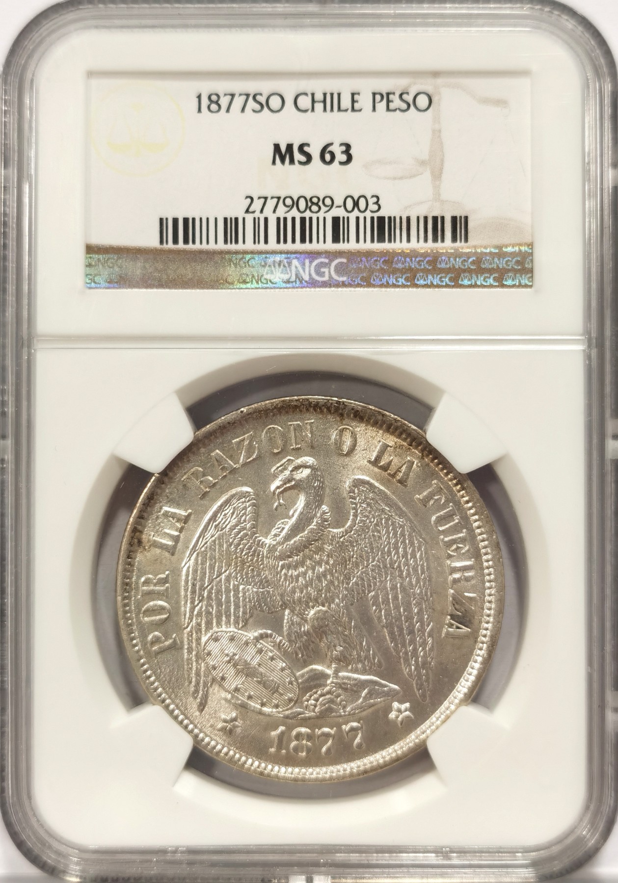 博洋堂世界钱币拍卖第047期（全场包邮） NGC MS63 智利1877年SO比索主币