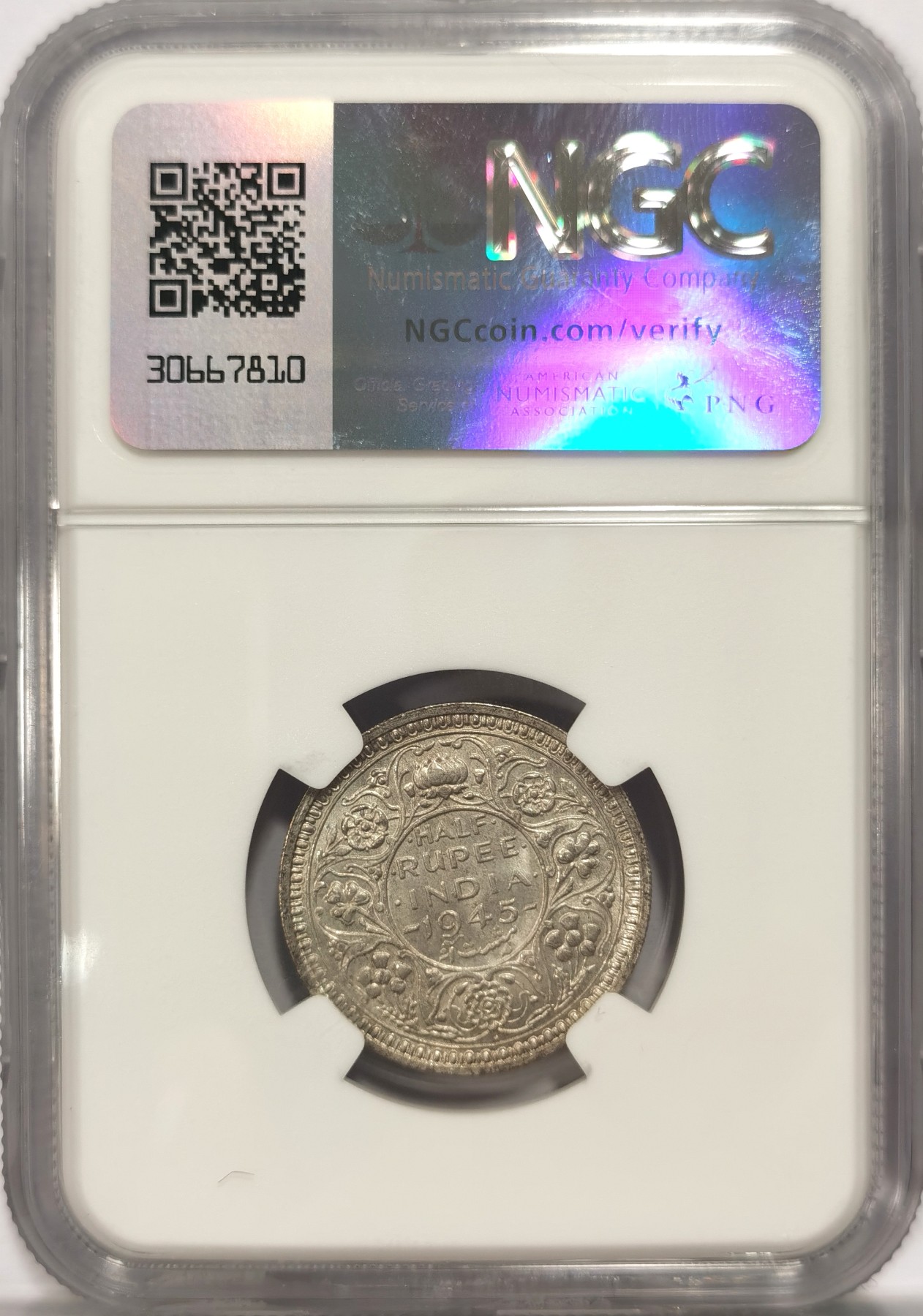 博洋堂世界钱币拍卖第047期（全场包邮） NGC MS63 英属印度1945年B版乔治六世1/2卢比银币