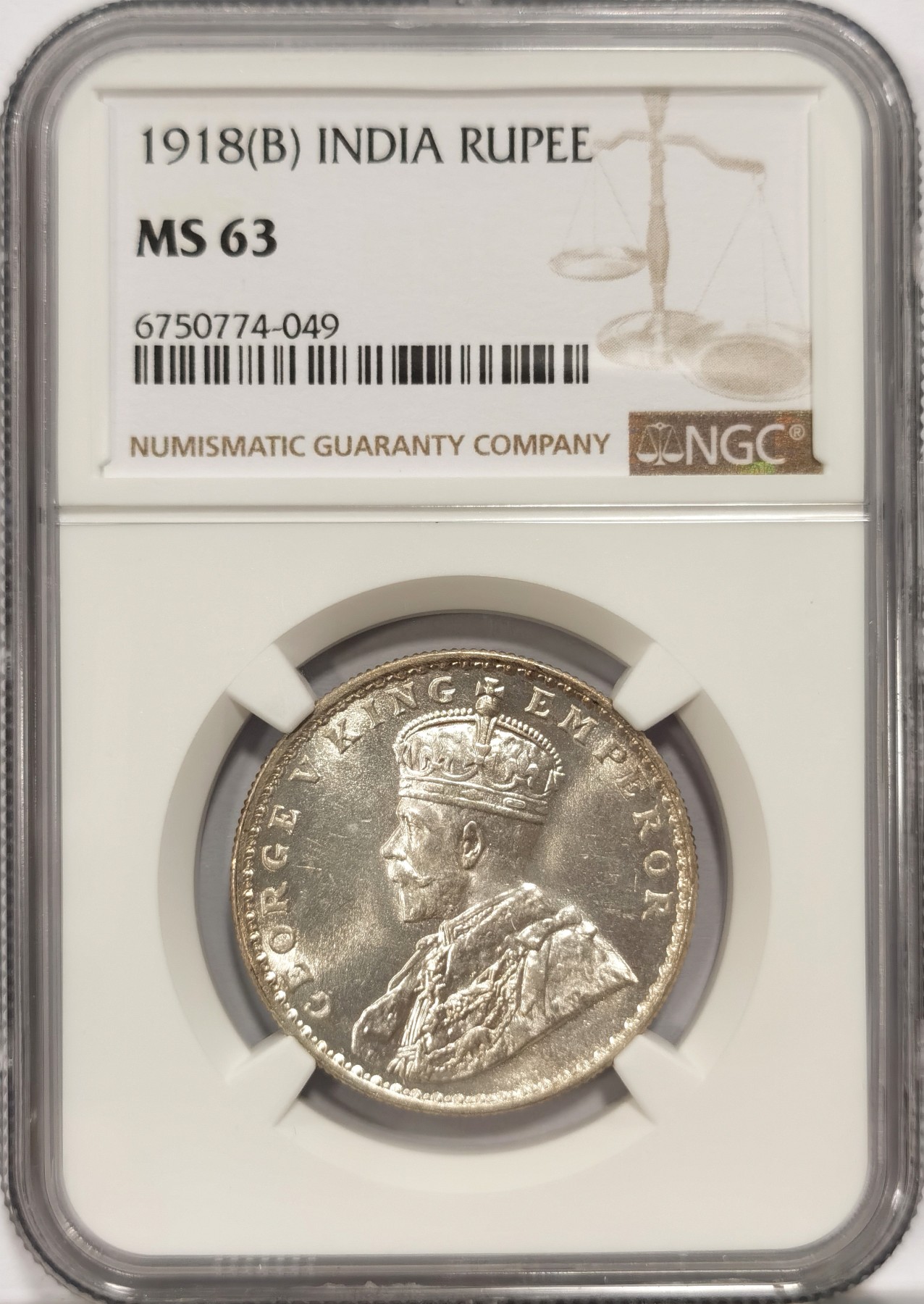 博洋堂世界钱币拍卖第047期（全场包邮） NGC MS63 英属印度1918年B版乔治五世1卢比银币