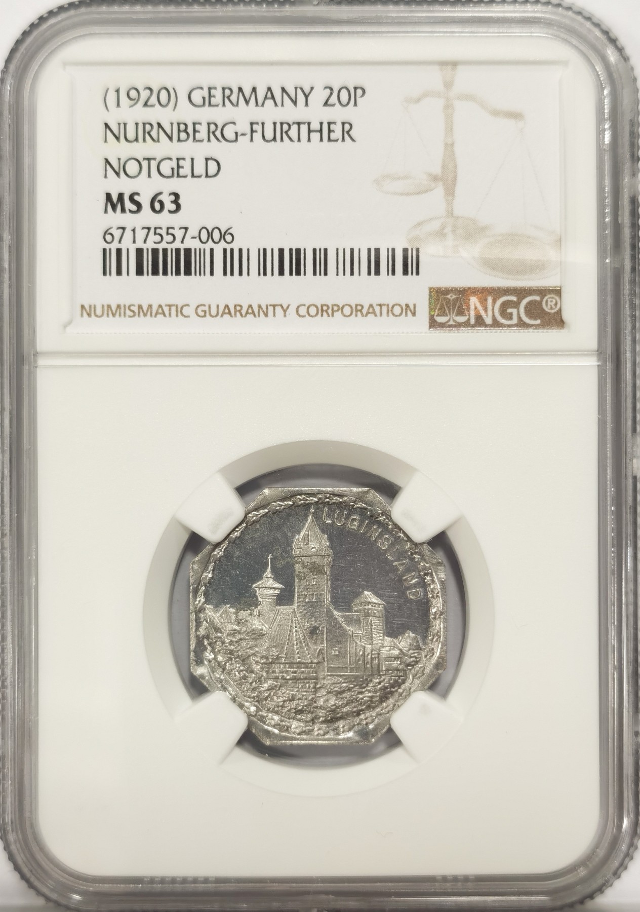 博洋堂世界钱币拍卖第047期（全场包邮） NGC MS63 1920年德国紧急状态时期纽伦堡20芬尼，景观系