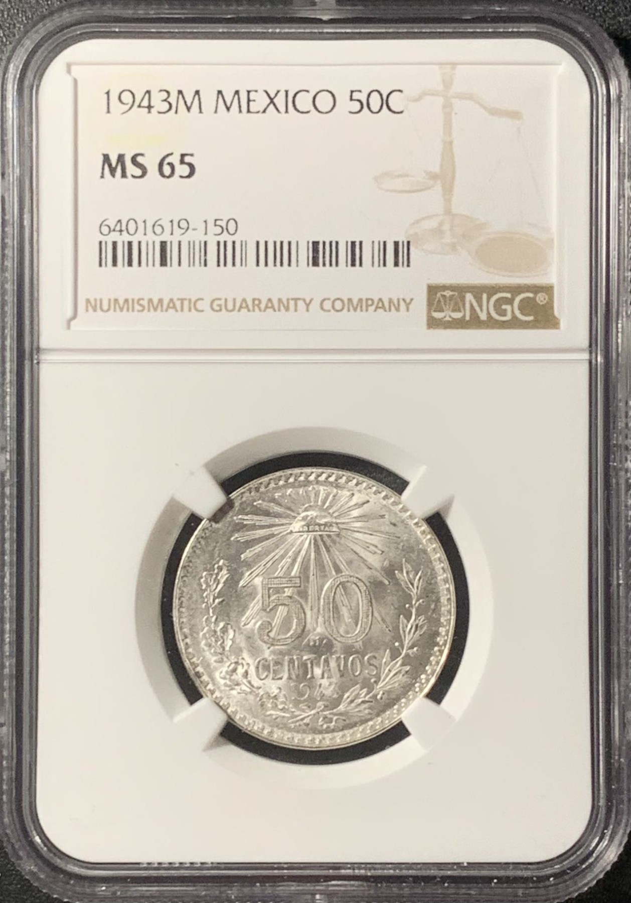 紫瑗钱币——第315期拍卖 墨西哥 1943年 M版 鹰洋 50分 银币 NGC MS65
