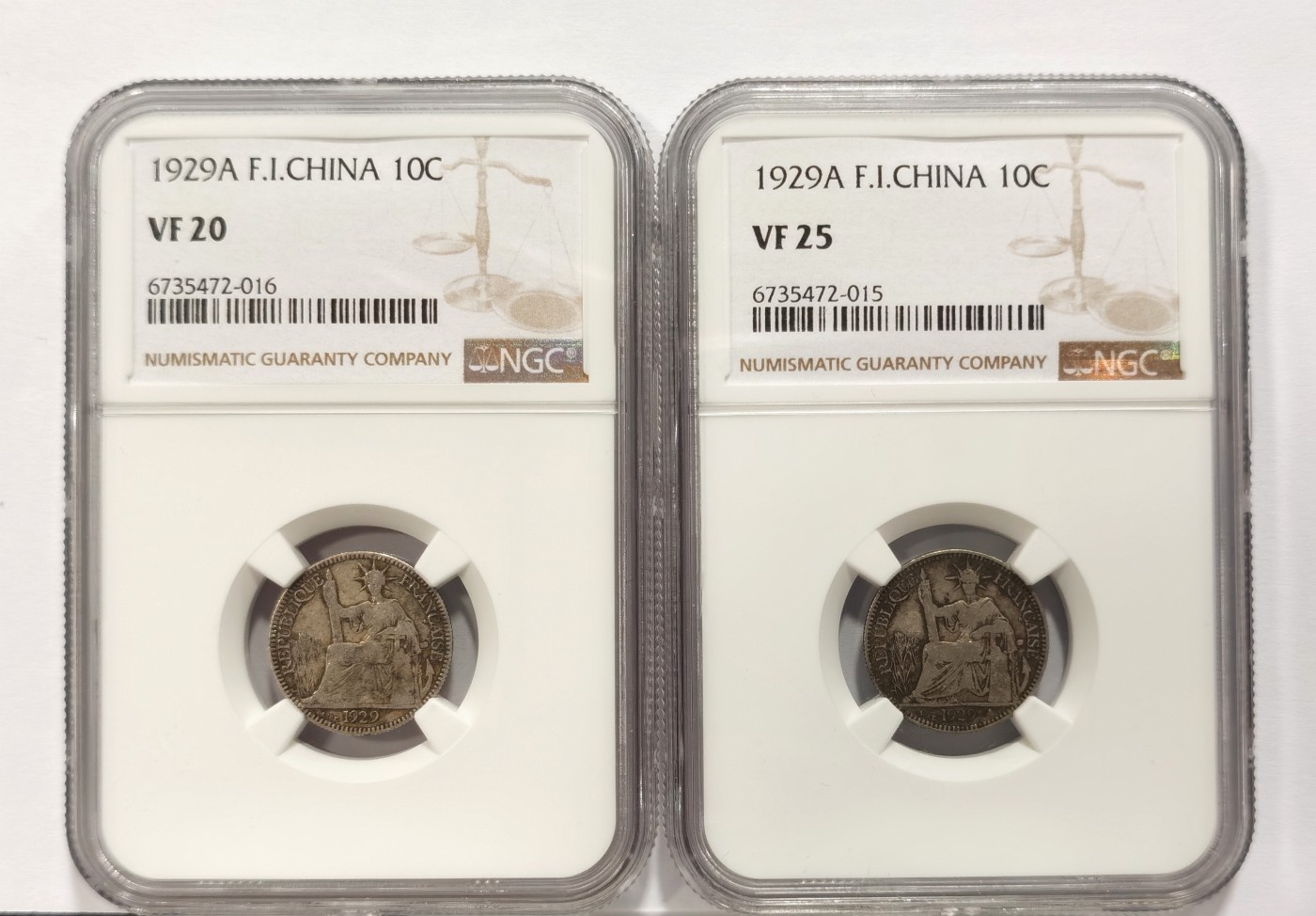 博洋堂世界钱币拍卖第047期（全场包邮） NGC VF20-25 法属印支1929年坐洋10分银币一对