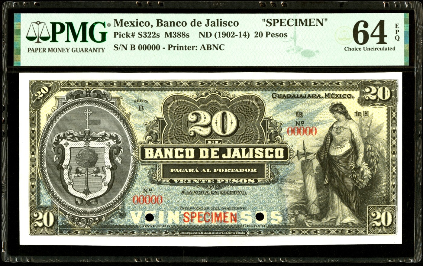 【Blue Auction】✨世界纸币精拍第380期【精】  【目录价750美金】墨西哥 1902-14年20比索 正面女神&背面城市风景唯美 ABNC出品 雕刻细腻 PMG64EPQ 超大票幅 非常耐看的一张 
