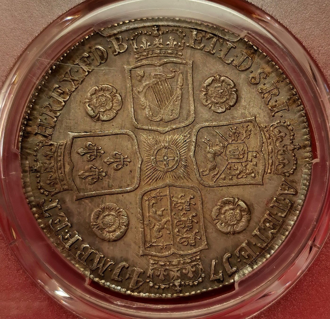 凡希社世界钱币微拍第二百五十期 稀！1741英国乔治二世玫瑰克朗大银PCGS-MS62绝色包浆收藏级！