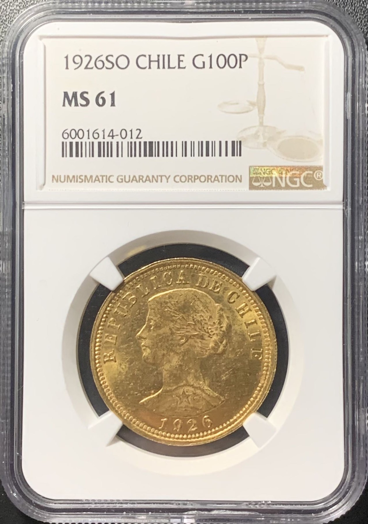 紫瑗钱币——第315期拍卖 智利 1926年 女神 100比索 金币 NGC MS61 早期MS少见