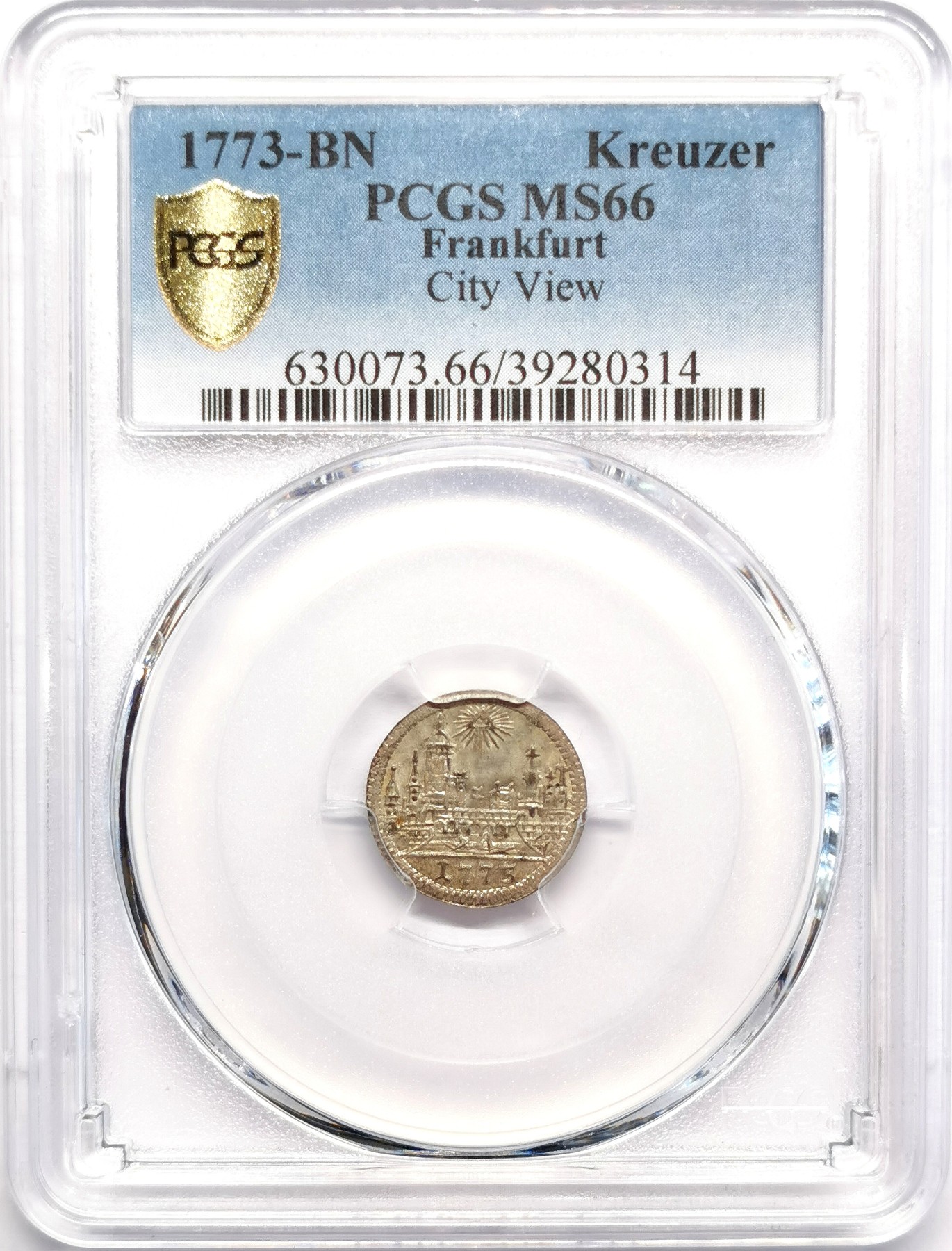 凡希社世界钱币微拍第二百五十期 1773法兰克福城市景观1K银辅币PCGS-MS66完美品相！