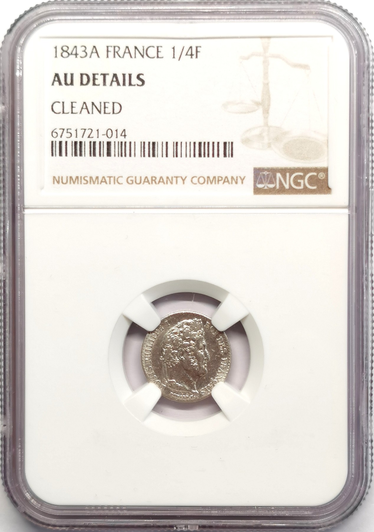 凡希社世界钱币微拍第二百五十期 1843法国1/4法郎银币NGC-AUD