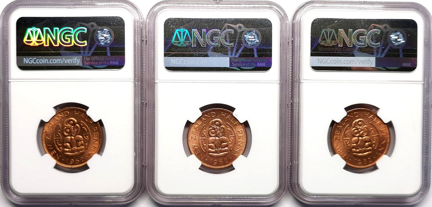 凡希社世界钱币微拍第二百五十期 1952新西兰1/2便士三枚一组NGC