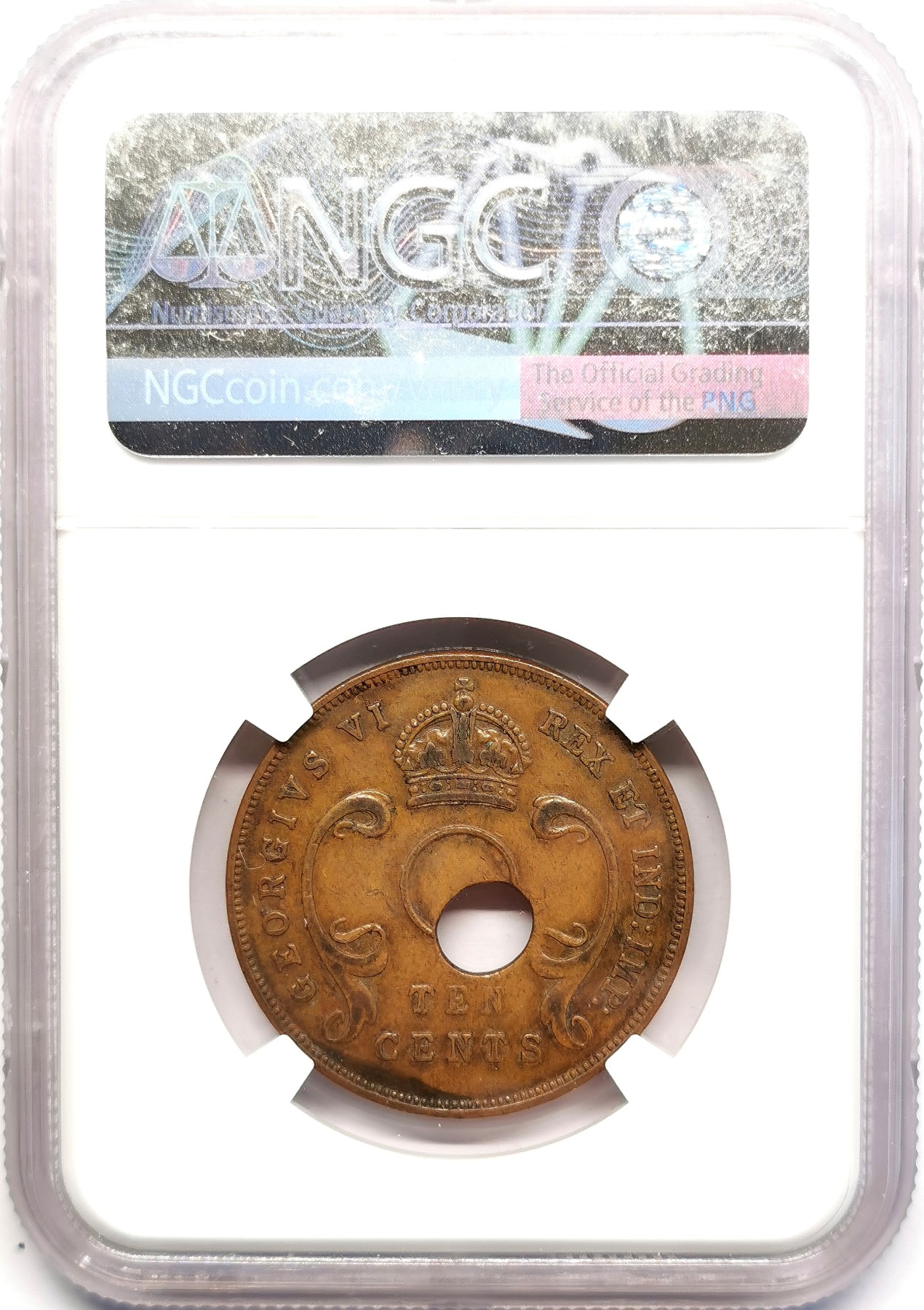 凡希社世界钱币微拍第二百五十期 1942英属东非中孔偏打10分大铜NGC-AU50