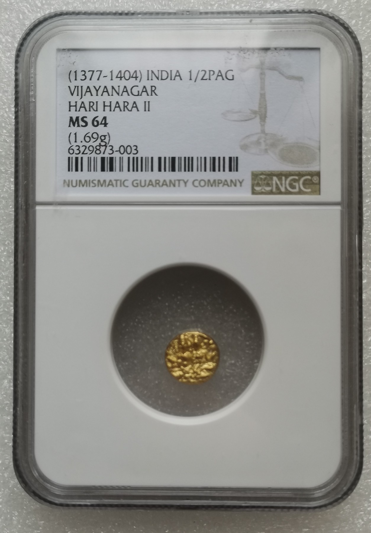 瓶子🏺第113期拍卖会 古印度迈索尔邦湿婆神与雪山女神金币 公元1377-1404年（早期）印度迈索尔邦发行 1/2帕戈达金币 NGC MS64