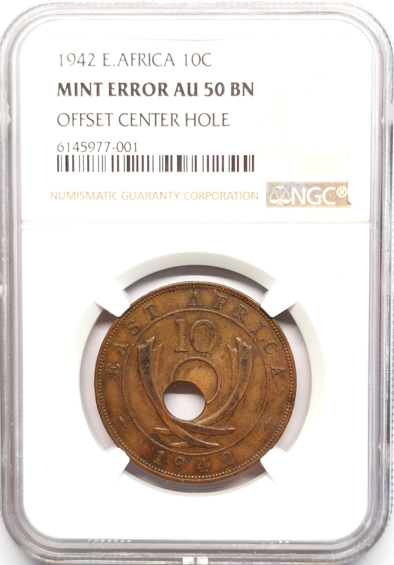 凡希社世界钱币微拍第二百五十期 1942英属东非中孔偏打10分大铜NGC-AU50