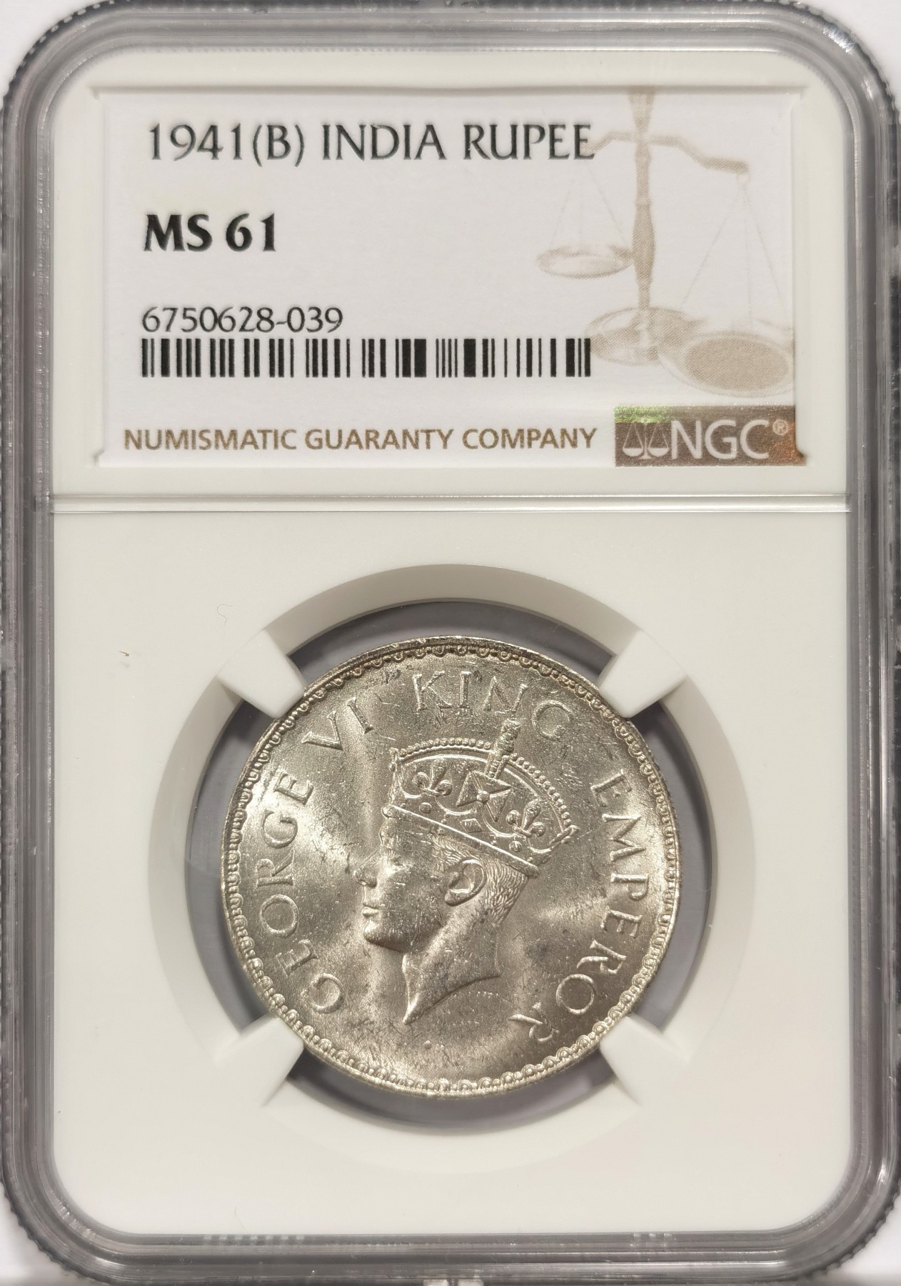 博洋堂世界钱币拍卖第047期（全场包邮） NGC MS61 英属印度1941年B版乔治六世1卢比银币