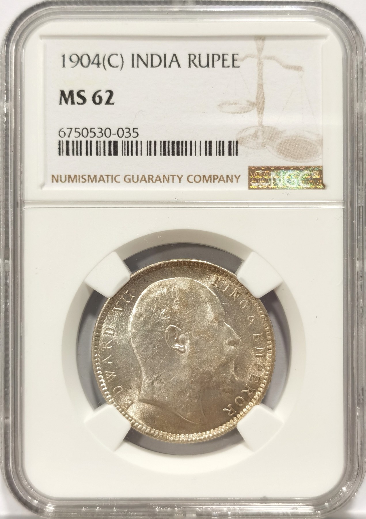 博洋堂世界钱币拍卖第047期（全场包邮） NGC MS62 英属印度1904年C版爱德华七世1卢比银币