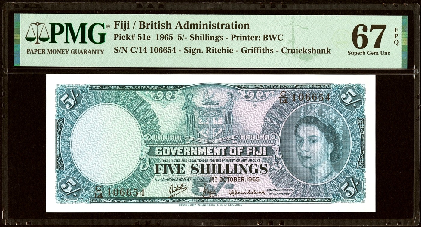 【Blue Auction】✨世界纸币精拍第380期【精】 【仅1张更高分】斐济 1965年5先令 PMG67EPQ 高分 大冠女王 清新耐看