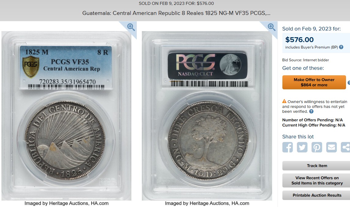 博洋堂世界钱币拍卖第047期（全场包邮） PCGS AU50 中美洲危地马拉1825年太阳脸小树大银币 8里亚尔 原味包浆 早期年份 今年5月SBP一枚同年VF30成交到手近4000