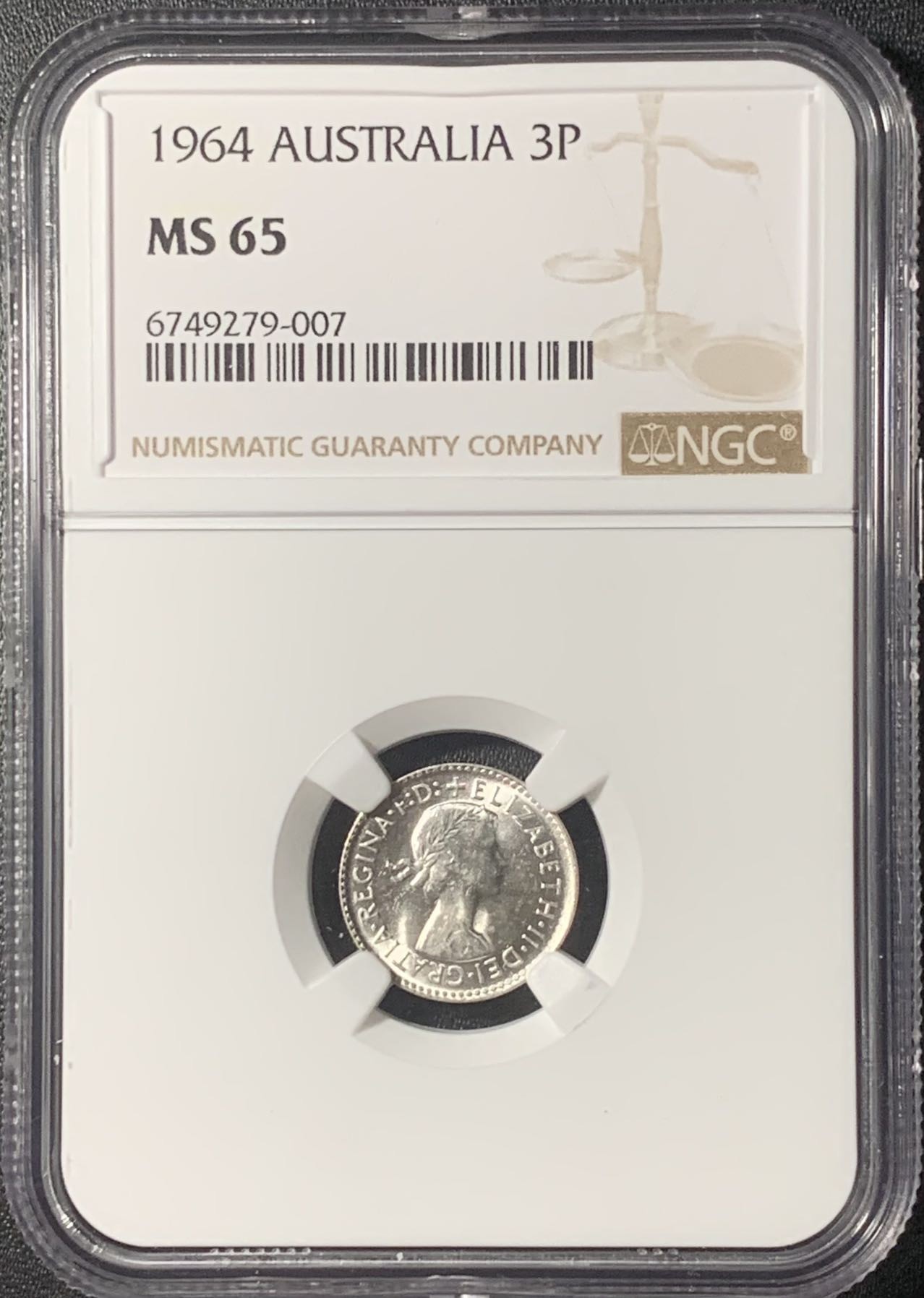 紫瑗钱币——第317期拍卖 澳大利亚 1964年 伊丽莎白二世 3便士 银币 NGC MS65