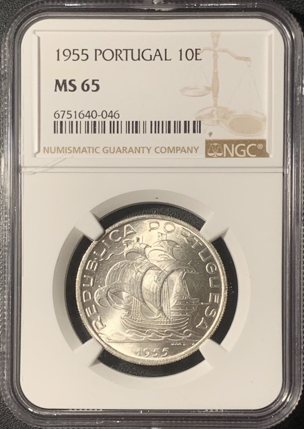 紫瑗钱币——第317期拍卖 葡萄牙 1955年 帆船 10埃斯库多 银币 NGC MS65
