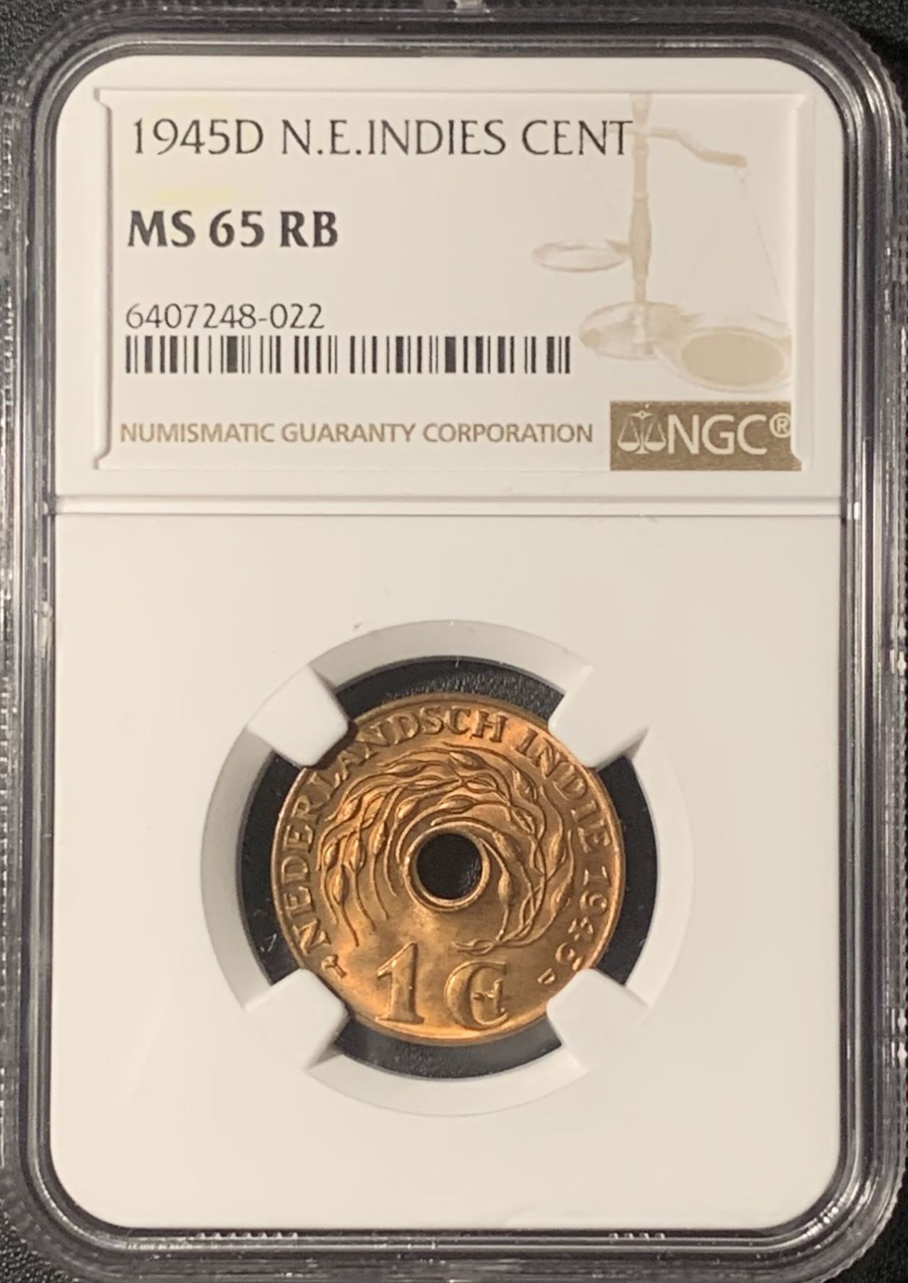 紫瑗钱币——第317期拍卖 荷属东印度 1945年 P版 1分 中孔 NGC MS65 RB