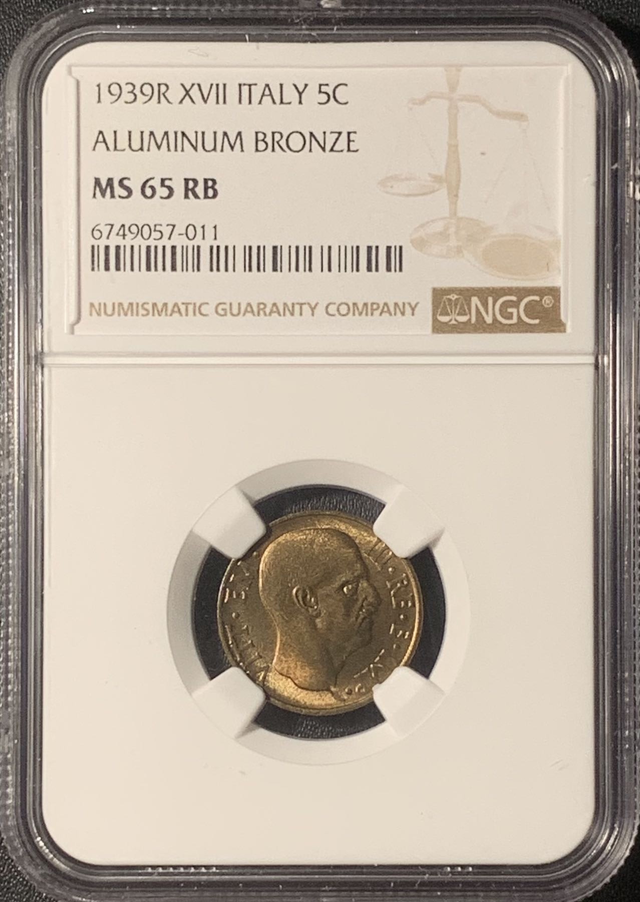 紫瑗钱币——第317期拍卖 意大利 1939年 伊曼纽尔三世 5分 铜币 NGC MS65 RB