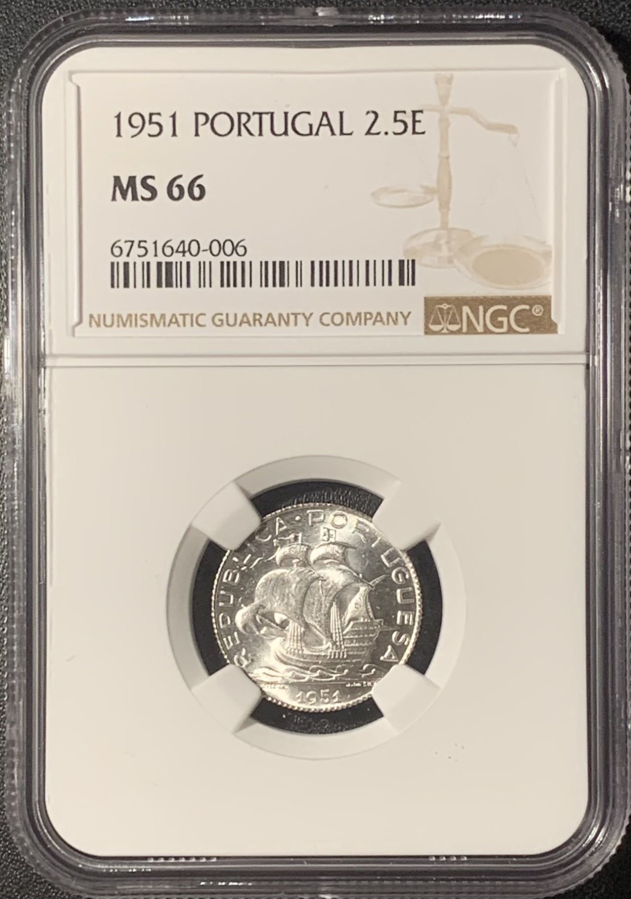 紫瑗钱币——第317期拍卖 葡萄牙 1951年 帆船 2.5埃斯库多 银币 NGC MS66