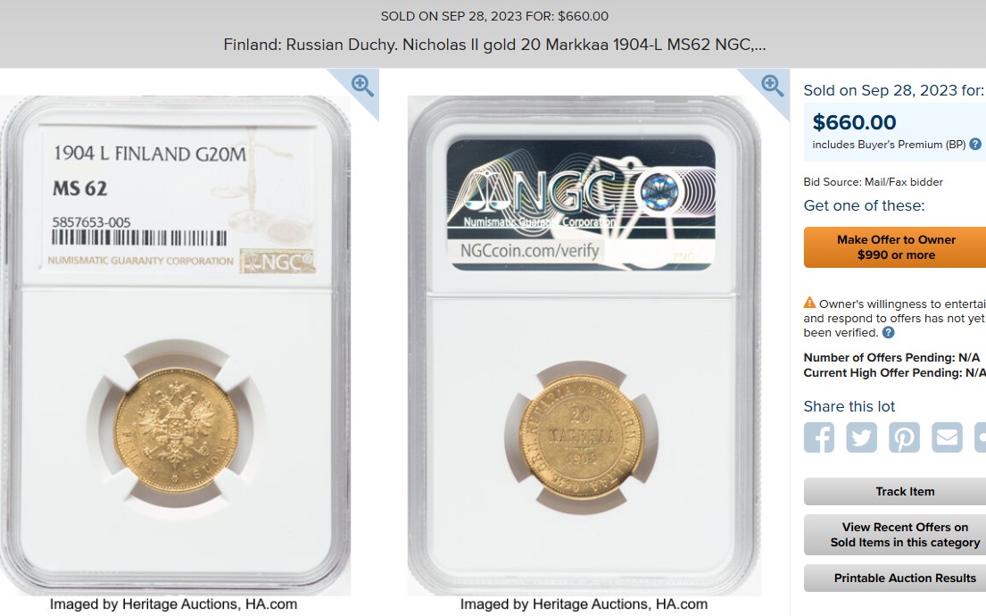 博洋堂世界钱币拍卖第047期（全场包邮） NGC MS63 俄属芬兰1904年L尼古拉二世双头鹰20马克金币，底板镜面效果，少见品种，铸量仅18.8万枚，9月底ha一枚62分成交近5000