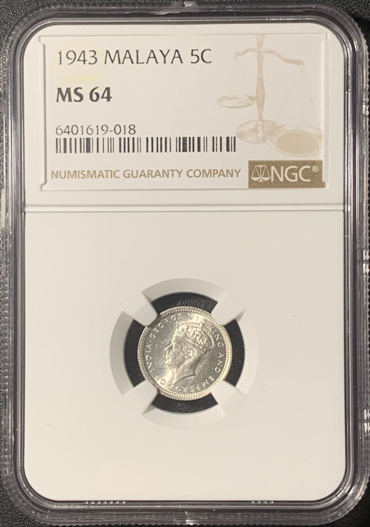 紫瑗钱币——第317期拍卖 马来亚 1943年 乔治六世 5分 银币 NGC MS64