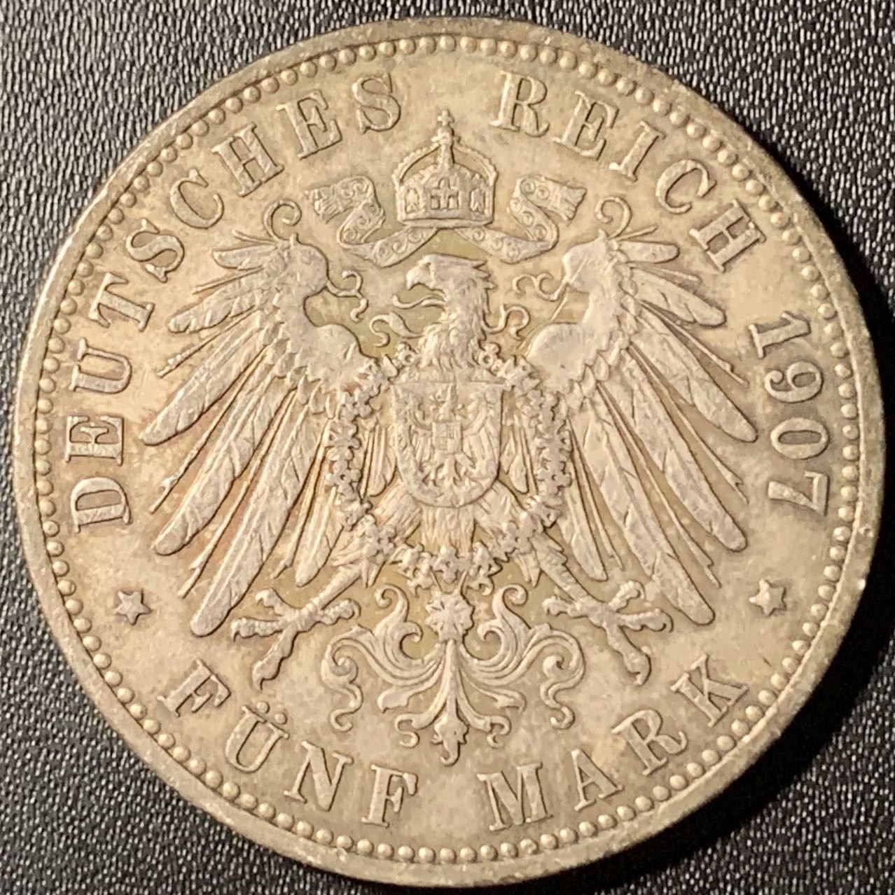 紫瑗钱币——第317期拍卖 德国 普鲁士 1907年 A版 威廉二世 长翅 5马克 27.78克 0.9银