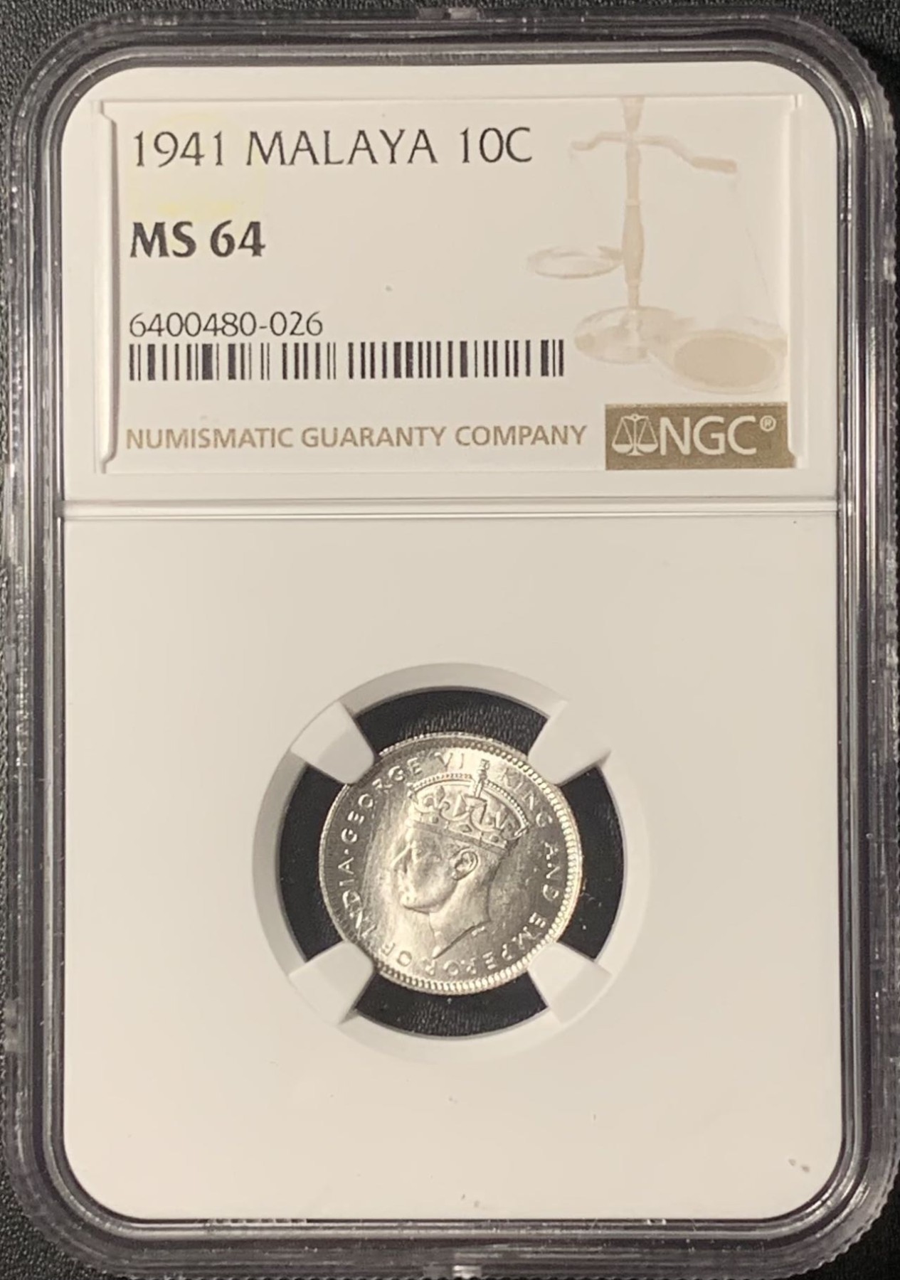 紫瑗钱币——第317期拍卖 马来亚 1941年 乔治六世 10分 银币 NGC MS64