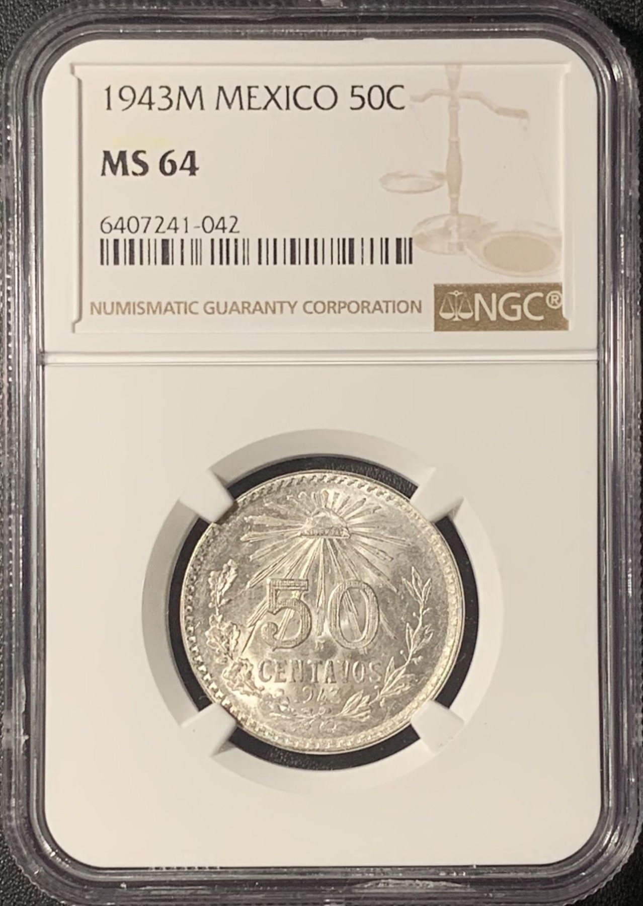 紫瑗钱币——第317期拍卖 墨西哥 1943年 M版 鹰洋 50分 银币 NGC MS64