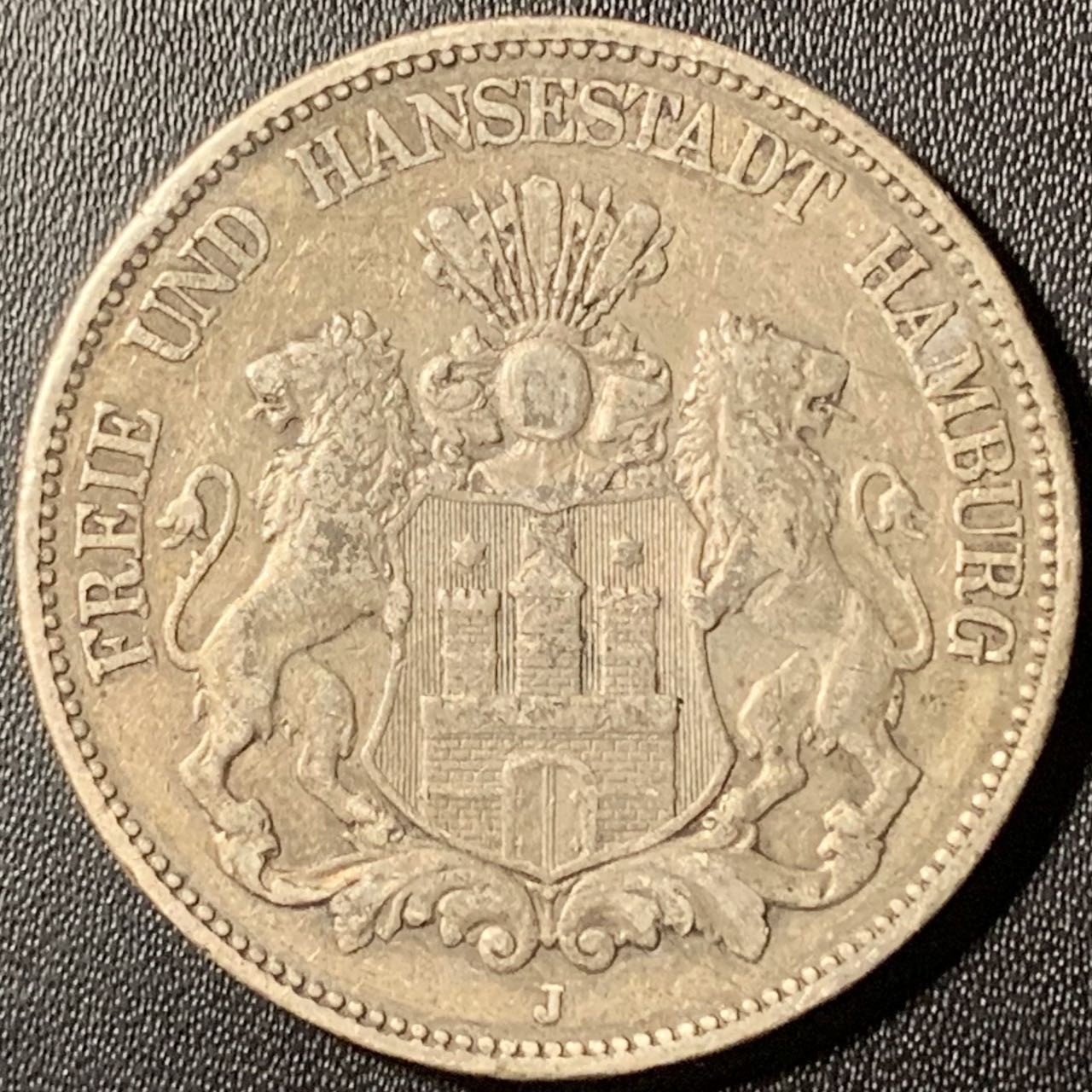 紫瑗钱币——第317期拍卖 德国 汉堡 1876年 J版 短翅 盾徽 5马克 27.78克 0.9银