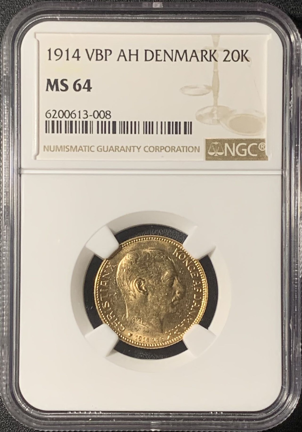 紫瑗钱币——第317期拍卖 丹麦 1914年 克里斯蒂安十世 20克朗 8.96克 金币 NGC MS64