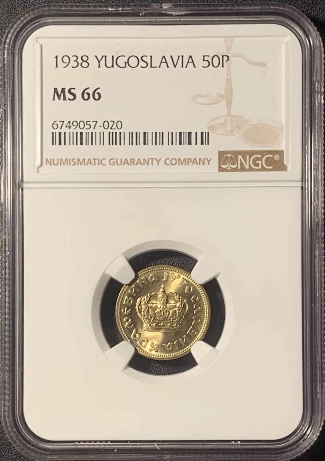 紫瑗钱币——第317期拍卖 南斯拉夫 1938年 王国时期 皇冠 50帕拉 铜币 NGC MS66