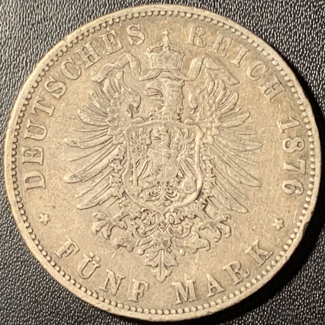 紫瑗钱币——第317期拍卖 德国 汉堡 1876年 J版 短翅 盾徽 5马克 27.78克 0.9银