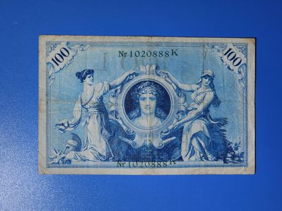 港、澳、台、中外钞、流水签、机签、箱包单、靓号专场第40期 - 德国 1908年 100马克 纸钞 115年老钞 非常精美漂亮 流通旧钞美感风彩依然 豹子8 豹子8 非常难得 大票幅  号码无47 靓号 豹子号 Nr1020888K 流通钞一张/如图