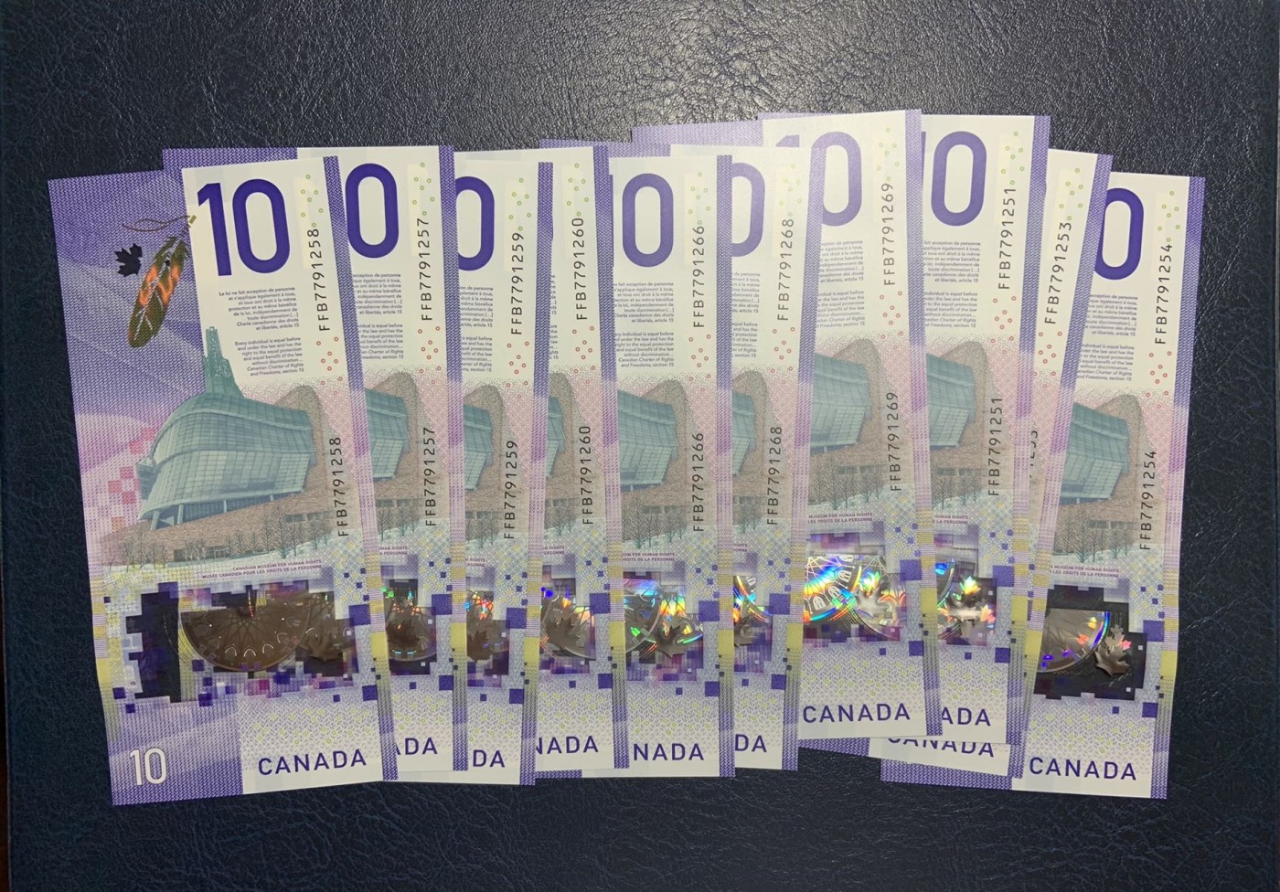 收藏联盟Quantum Auction 第297期拍卖  加拿大2018年10元十张 品相全新UNC 获奖作品 9张都是号码无4