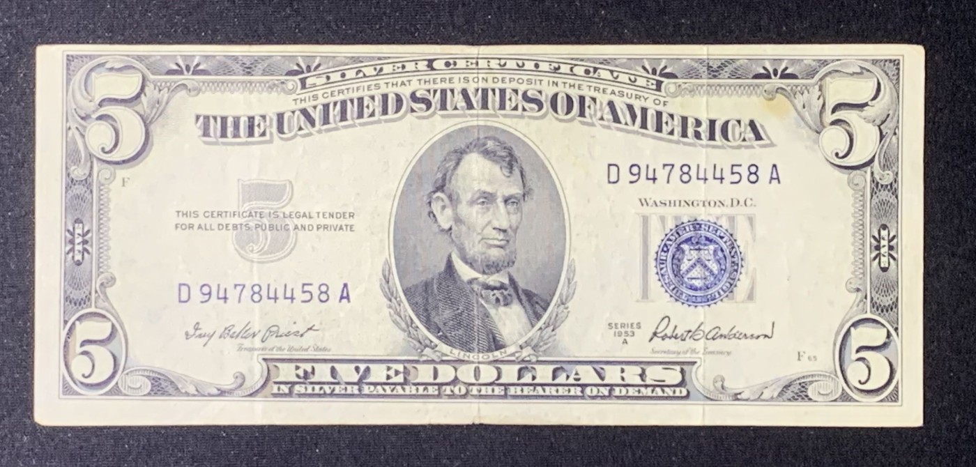 紫瑗钱币——第318期拍卖—纸币场 美国 1953年 A序列 亚伯拉罕·林肯 5美元 蓝印 银元券 流通品