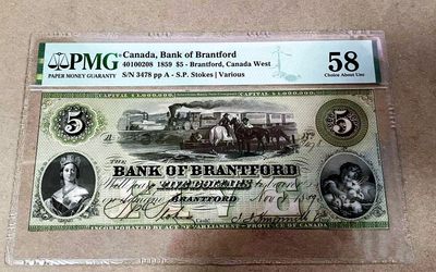 【Blue Auction】✨世界纸币精拍第381期【精】 - 【维多利亚女王 手签实钞罕见】加拿大 1859年5元 大场景雕刻精美 女王温婉 抱着小兔子的孩童趣味十足 PMG58  库存票较多实钞非常值得收藏 