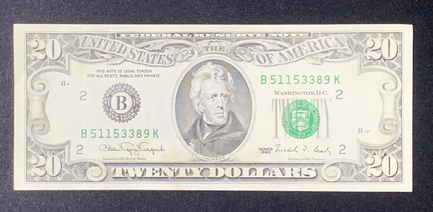 紫瑗钱币——第318期拍卖—纸币场 美国 1990年 B版 安德鲁·杰克逊 20美元 小头版 UNC- 有黄斑 下水