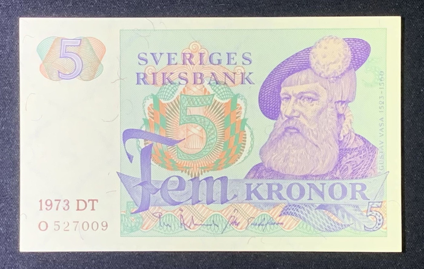 紫瑗钱币——第318期拍卖—纸币场 瑞典 1973年 瑞典银行 古斯塔夫一世 5克朗 深字 UNC