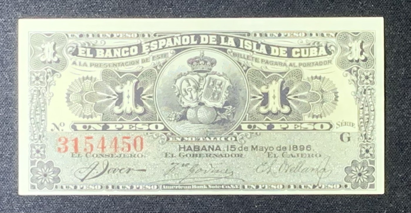 紫瑗钱币——第318期拍卖—纸币场 古巴 1896年 古巴西班牙银行 1比索 UNC