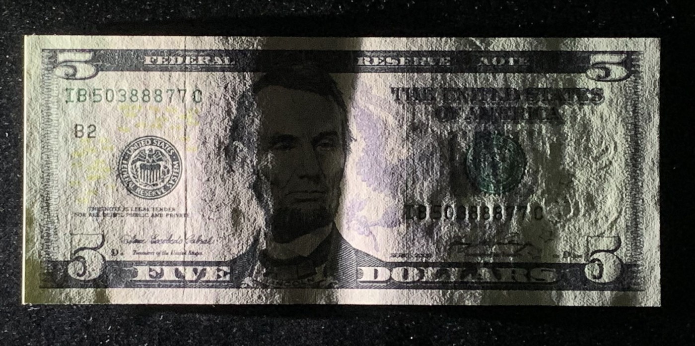 紫瑗钱币——第318期拍卖—纸币场 【双尾7 3个8】美国 2006年 B版 亚伯拉罕·林肯 5美元 彩色版 UNC- 无硬折 