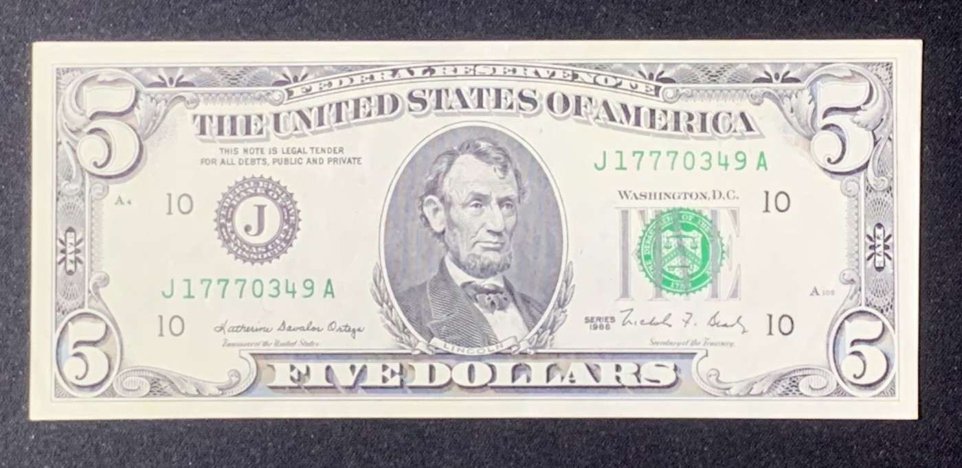 紫瑗钱币——第318期拍卖—纸币场 美国 1988年 J版 亚伯拉罕·林肯 5美元 小头版 UNC-